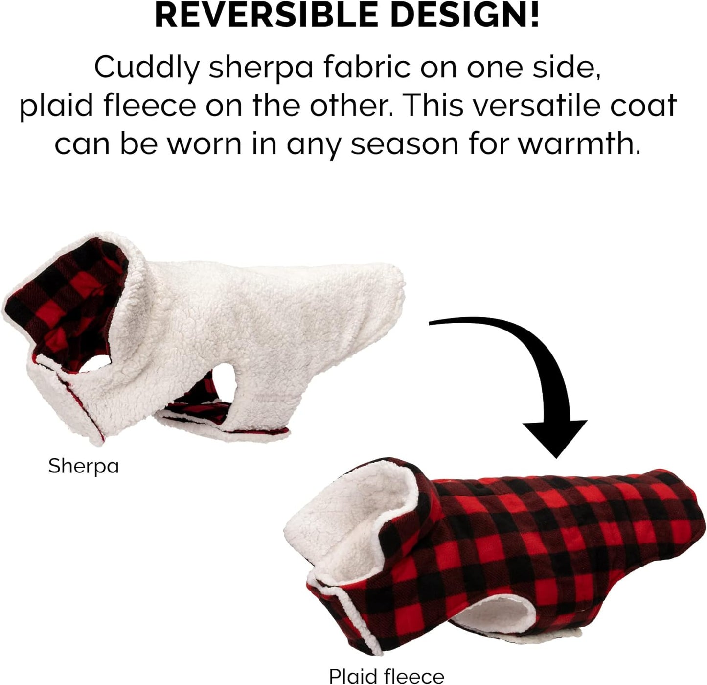 Reversible Medium Dog Coat, Washable & Insulating W/ Leash Access - Sherpa & Plaid Fleece Flex-Fit Jacket - Cream/Red, Medium
