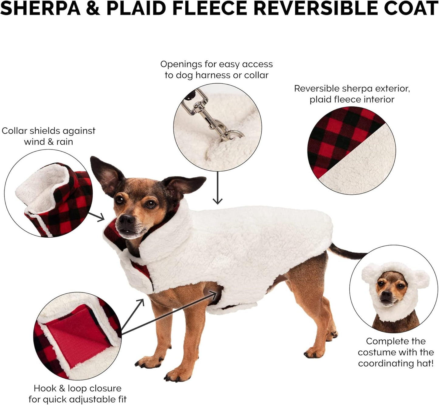 Reversible Medium Dog Coat, Washable & Insulating W/ Leash Access - Sherpa & Plaid Fleece Flex-Fit Jacket - Cream/Red, Medium