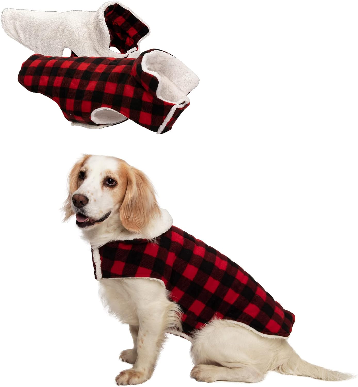 Reversible Medium Dog Coat, Washable & Insulating W/ Leash Access - Sherpa & Plaid Fleece Flex-Fit Jacket - Cream/Red, Medium