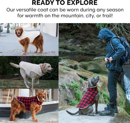 Reversible Medium Dog Coat, Washable & Insulating W/ Leash Access - Sherpa & Plaid Fleece Flex-Fit Jacket - Cream/Red, Medium