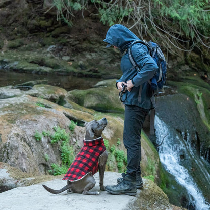 Reversible Medium Dog Coat, Washable & Insulating W/ Leash Access - Sherpa & Plaid Fleece Flex-Fit Jacket - Cream/Red, Medium